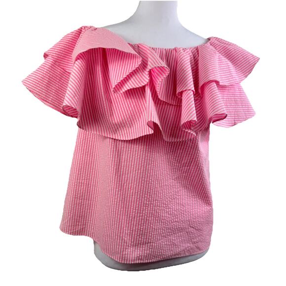 Lilly Pulitzer Seersucker Trixie One Shoulder Ruffle Top XS Pink & White Stripe - Picture 13 of 14